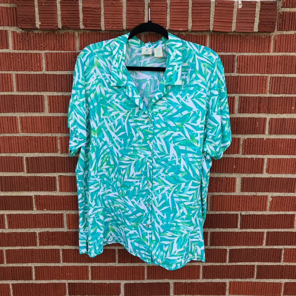 Caribbean Joe  womens floral Print Button-Down Shirt size 1X green blue tropical